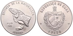 Cuba, Second Republic, 1 Peso Copper-Nickel 1985, Wildlife Preservation - Rock Iguana, KM 126, UNC