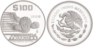 Mexico, Estados Unidos, 100 Pesos Silver 1986, World Championship Soccer - Keeper with soccer ball, KM 521, PROOF