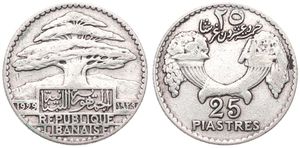 Lebanon, French Protectorate, 25 Piastres Silver 1929, Cedar tree on rectangular box, KM 7, A.VF