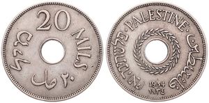 Palestine, British Administration, 20 Mils Copper-Nickel 1934, Date below center hole, KM 5, RARE KEY DATE, XF