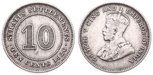 Straits Settlements, British Colony, George V, 10 Cents Silver 1926, Crowned bust left, KM 29b, VF+
