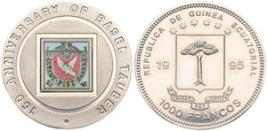 Equatorial Guinea, Republic, 1000 Francos Copper-Nickel 1995, 150th Anniversary of the Basel 'Taube' Stamp, KM 84.2, B.UNC, (ERROR : Tauber in stead of Taube !)