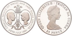 Tristan da Cunha, St. Helena Dependency, Elizabeth II, 25 Pence Silver 1981, Wedding of Prince Charles and Lady Diana, KM 4a, PROOF