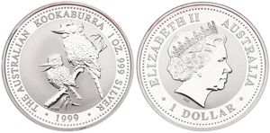 Australia, British Colony, Elizabeth II, 1 Dollar Silver 1999, Pair of Kookaburras on branch, KM 399, PROOF