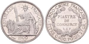 French Indo-China, Colony, 1 Piastre Silver 1900A, Liberty seated left with fasces, KM 5a.1, VF+