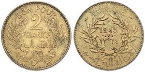 Tunisia, French Protectorate, Anonymous, 2 Francs Aluminum-Bronze AH1364-1945, Date within wreath, KM 248, A.UNC