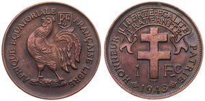 French Equatorial Africa, Colony, 1 Franc Bronze 1943 SA, Rooster left with shield above, KM 2a, XF