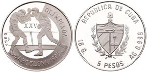 Cuba, Second Republic, 5 Pesos Silver 1989, Olympics - Boxing, KM 224, PROOF