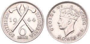 Southern Rhodesia, British Colony, George VI, 6 Pence Silver 1944, Crowned head left, KM 17a, XF
