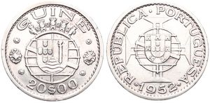 Guinea-Bissau, Portuguese Colony, 20 Escudos Silver 1952, Crowned towers above shield, KM 11, VF+