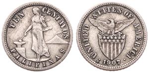 Philippines, United States Administration, 10 Centavos Silver 1907S, Eagle above stars and striped shield, KM 169, VF
