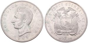 Ecuador, Republic, 5 Sucres (Cinco) Silver 1943Mo, Head of Sucre left / Flag draped arms, KM 79, A.UNC