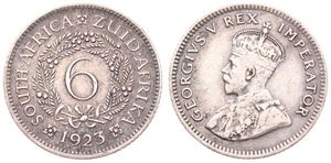 South Africa, British Colony, George V, 6 Pence Silver 1923, Crowned bust left, KM 16A, VF+