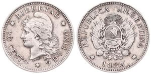 Argentina, Republic, 20 Centavos Silver 1883, Capped liberty head left, KM 27, VF