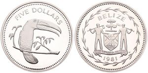 Belize, Commonwealth, 5 Dollars Silver 1981, Keel-billed Toucan on branch, KM 44a, PROOF