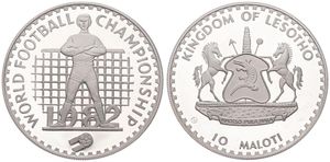 Lesotho, Kingdom, Moshoeshoe II, 10 Maloti Silver 1982, World Championship Soccer - Goalie in front of net, KM 32, PROOF