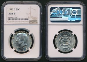 United States of America, Republic, 1/2 Dollar Silver 1970D, John F. Kennedy, KM 202a, NGC Graded MS-64