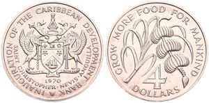 Saint Kitts & Nevis, British Associated State, 4 Dollars Copper-Nickel 1970, F.A.O. - Sugar cane & banana tree branch, KM 1, UNC