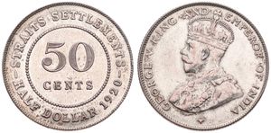Straits Settlements, British Colony, George V, 50 Cents Silver 1920, Crowned bust left, KM 35.1, XF