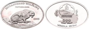 Mongolia, Peoples Republic, 500 Tugrik Silver 2005, Endangered Wildlife - Niobium Snow Leopard in oval center, KM 209, PROOF