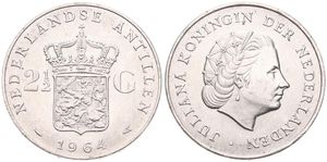 Netherlands Antilles, Dutch Administration, Juliana, 2-1/2 Gulden Silver 1964, Head right, KM 7, A.UNC