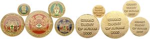 Avram, Grand Duchy, Prince John, 1, 3, 7, 15 & 30 Ducals 2000 in Enameled Goldine Plated Metal, Crowned and mantled arms, KM X7/11, Private issues, UNC