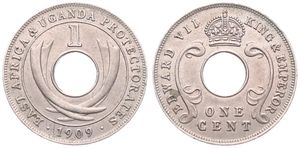 East Africa & Uganda Protectorates, British Colony, Edward VII, 1 Cent Copper-Nickel 1909, Crown above center hole, KM 5a, XF