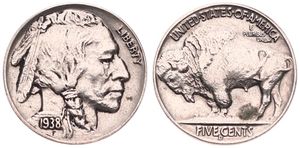 United States of America, Republic, 5 Cents Copper-Nickel 1938D, Buffalo nickel, KM 134, XF (slightly cleaned)