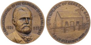 United States of America, Republic, Medal in Bronze 1922, Centenary of General Grant, Bust of General Grant facing / Grant's Birthplace at Point Pleasant in Ohio, UNC
