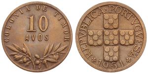Timor, Portuguese Colony, 10 Avos Bronze 1951, Small circles within cross design, KM 5, XF