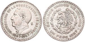 Mexico, Estados Unidos, 1 Peso Silver 1957, 100th Anniversary of Constitution, KM 458, XF
