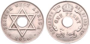 British West Africa, Colony, Edward VIII, 1 Penny Copper-Nickel 1936H, Crown above center hole, KM 16, XF