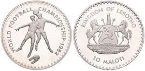 Lesotho, Kingdom, Moshoeshoe II, 10 Maloti Silver 1982, World Championship Soccer - Two soccer players, KM 34, PROOF