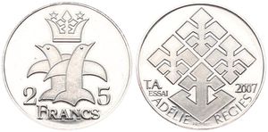 Adelie Territory, French Territory, 25 Francs Copper-Nickel 2007, Crowned stylized dolphins, KM X1a, UNC