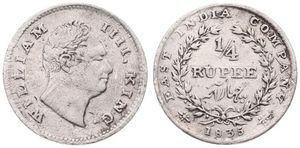 India-British, Colony, East India Company, 1/4 Rupee Silver 1835, Head of William IV right, KM 448, A.VF