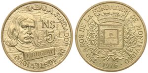 Uruguay, Republic, 5 Nuevos Pesos Aluminum-Bronze 1976, 250th Anniversary of the Founding of Montevideo, KM 70, UNC
