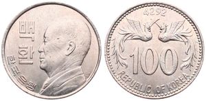 Korea-South, Republic, 100 Hwan Copper-Nickel KE4292 (1959), Value flanked by Phoenix / Bust left, KM 3, UNC