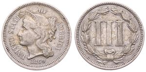 United States of America, Republic, 3 Cents Copper-Nickel 1869, Female head left, KM 95, VF 