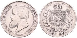 Brazil, Empire, Pedro II, 2000 Reis Silver 1889, Bearded head left, KM 485, A.VF