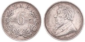 South Africa, Republik, 6 Pence Silver 1895, Bust of Paul Kruger left, KM 4, SCARCE DATE, VF+