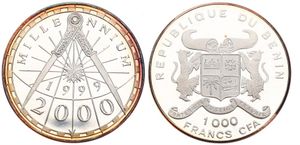 Benin, Peoples Republic, 1000 Francs Silver 2000, Millennium - Calipers and Radiant Sun, KM 47, PROOF