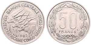 Equatorial African States, Currency Union, 50 Francs Copper-Nickel 1963, Three giant eland left, KM 3, UNC