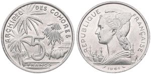 Comoros, French Colony, 5 Francs Aluminum 1964, Winged Liberty bust left, KM 6, UNC-