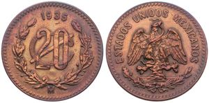 Mexico, Estados Unidos, 20 Centavos Bronze 1935, Standing Eagle, KM 437, XF