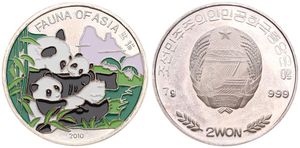 Korea-North, Peoples Republic, 2 Won Silver 2010, Fauna of Asia - Multicolor Panda Family, KM New, PROOF