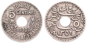 Tunisia, French Protectorate, Ahmad Pasha Bey, 5 Centimes Nickel-Bronze AH1352-1933, Inscription around center hole within sprigs, KM 258, VF