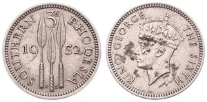 Southern Rhodesia, British Colony, George VI, 3 Pence Copper-Nickel 1952, Crowned head left, KM 20, XF