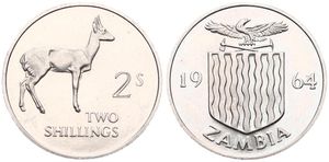 Zambia, Republic, 2 Shillings Copper-Nickel 1964, Bohor Reedbuck right, KM 3, PROOF
