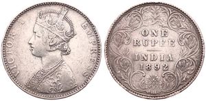 India-British, Colony, Victoria, 1 Rupee Silver 1892, Crowned bust left, KM 492, VF