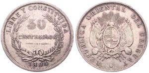 Uruguay, Republic, 50 Centesimos Silver 1894, Four-fold arms under radiant sun, KM 16, A.VF